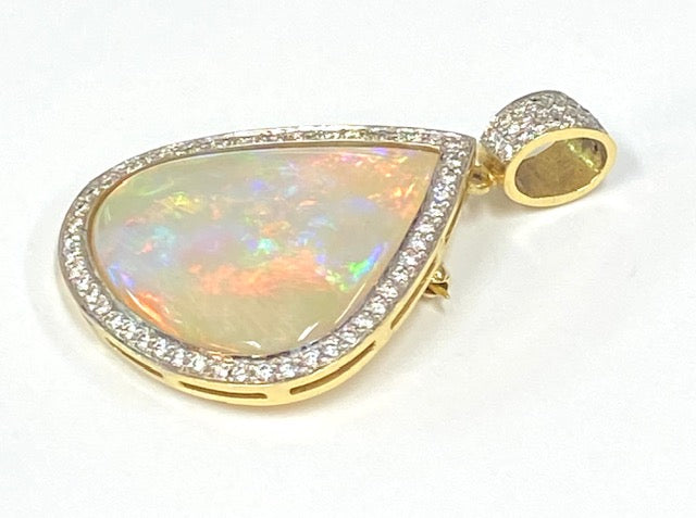 Fire Opal Diamond 18K Yellow Gold Pendant/Brooch