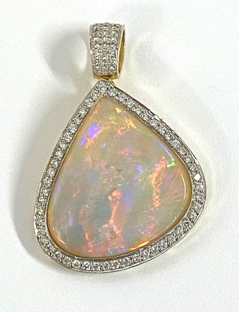 Fire Opal Diamond 18K Yellow Gold Pendant/Brooch