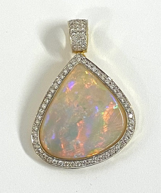 Fire Opal Diamond 18K Yellow Gold Pendant/Brooch