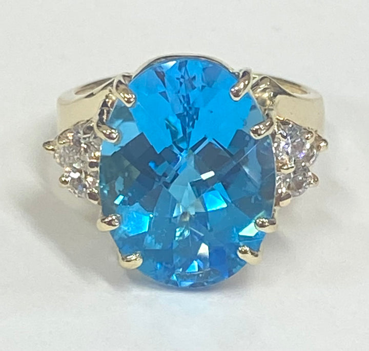 Swiss Blue Topaz Diamond 14K Yellow Gold Ring