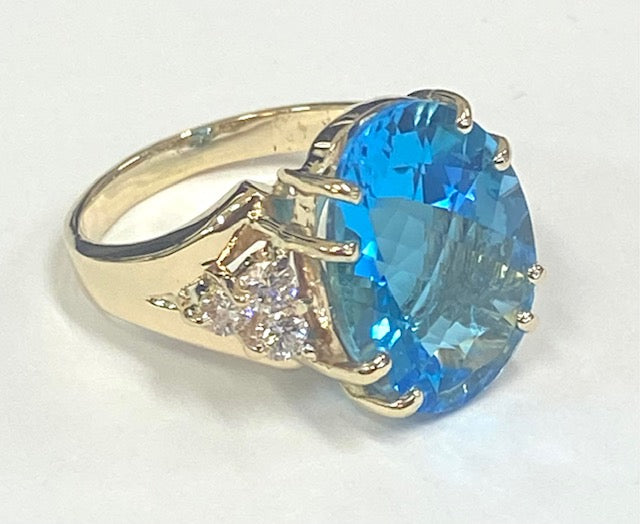 Swiss Blue Topaz Diamond 14K Yellow Gold Ring