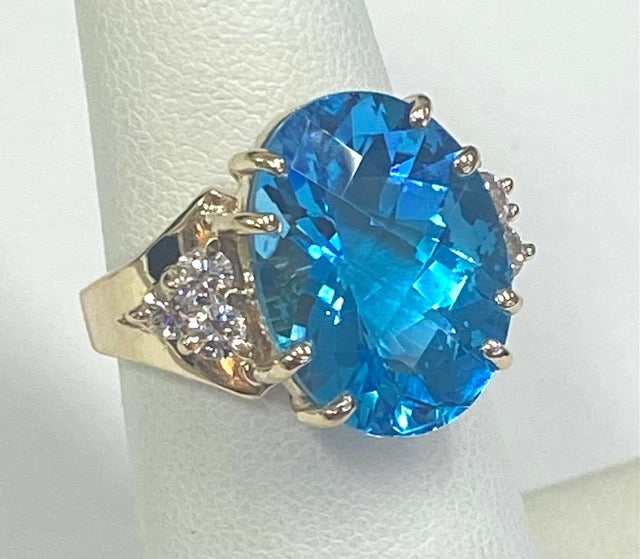 Swiss Blue Topaz Diamond 14K Yellow Gold Ring