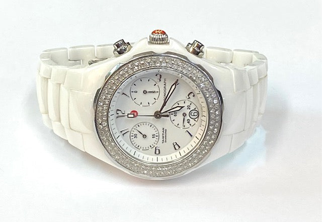 Michele Tahitian Diamond White Ceramic Chronograph Wristwatch