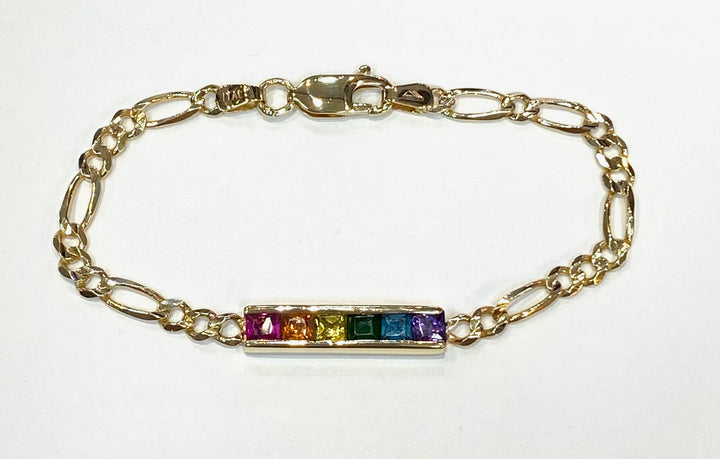 Multi Colored Stone 14K Yellow Gold Figaro Link Bracelet