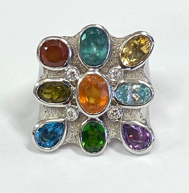 Multi Gemstone 14K White Gold Custom Design Vintage Ring
