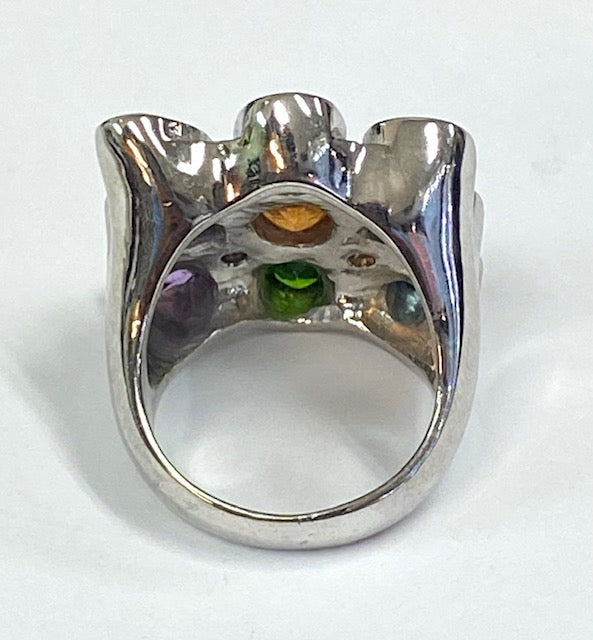 Multi Gemstone 14K White Gold Custom Design Vintage Ring