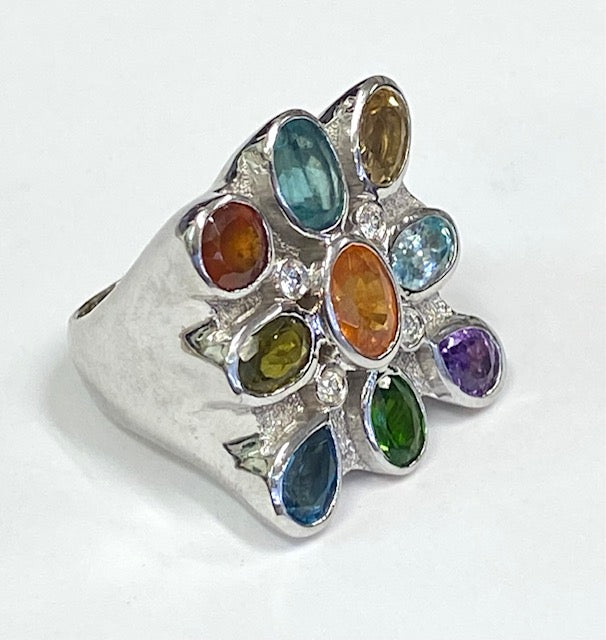 Multi Gemstone 14K White Gold Custom Design Vintage Ring