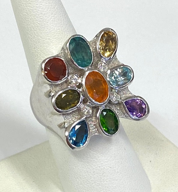 Multi Gemstone 14K White Gold Custom Design Vintage Ring