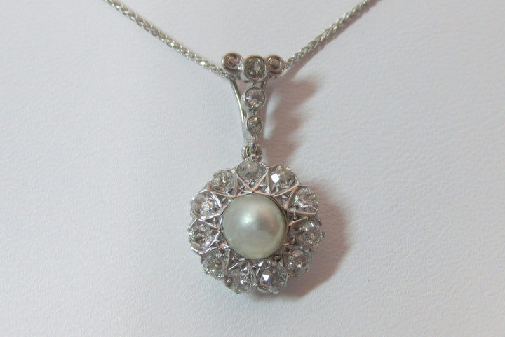 Antique Pearl Diamond Platinum Pendant & 14K WG Chain