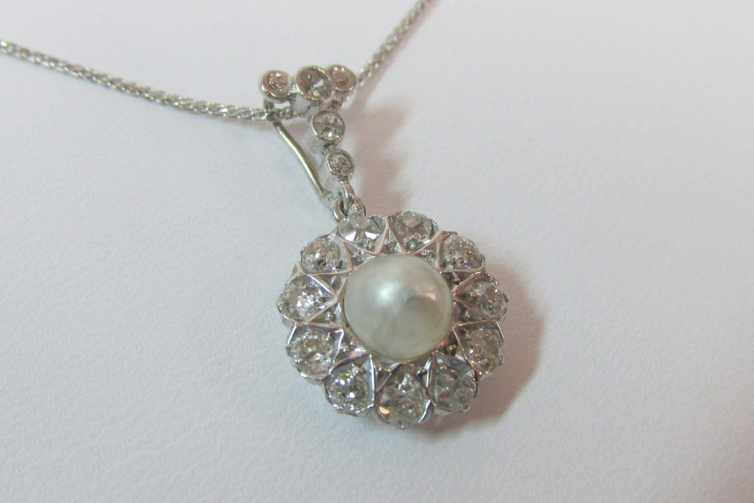 Antique Pearl Diamond Platinum Pendant & 14K WG Chain