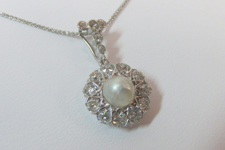 Antique Pearl Diamond Platinum Pendant & 14K WG Chain