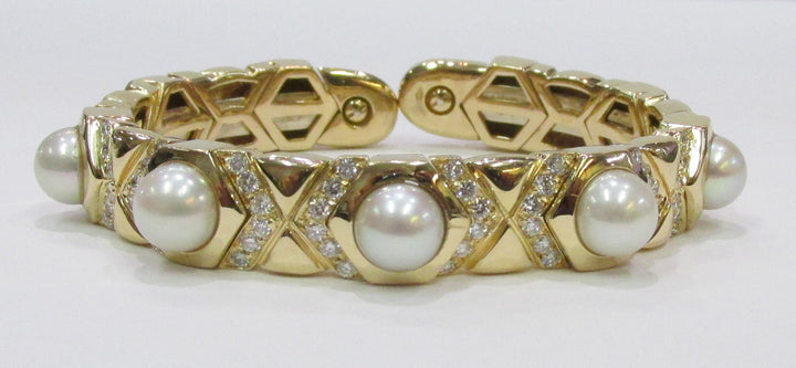 Pearl Diamond 18K Yellow Gold Cuff Bracelet