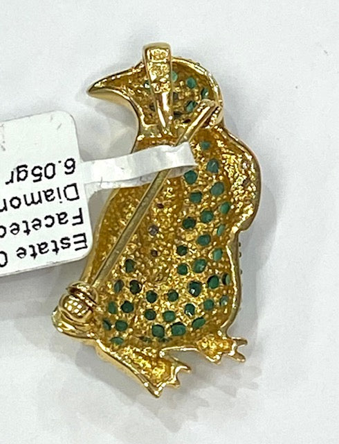 Penguin Emerald Diamond 18K YG Brooch Pendant