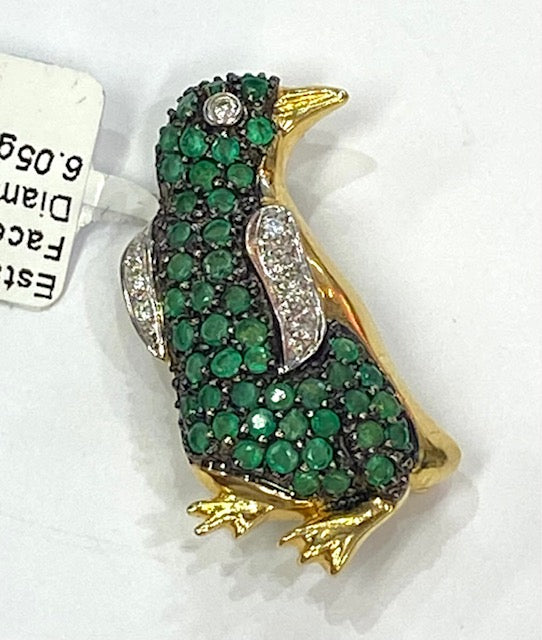 Penguin Emerald Diamond 18K YG Brooch Pendant