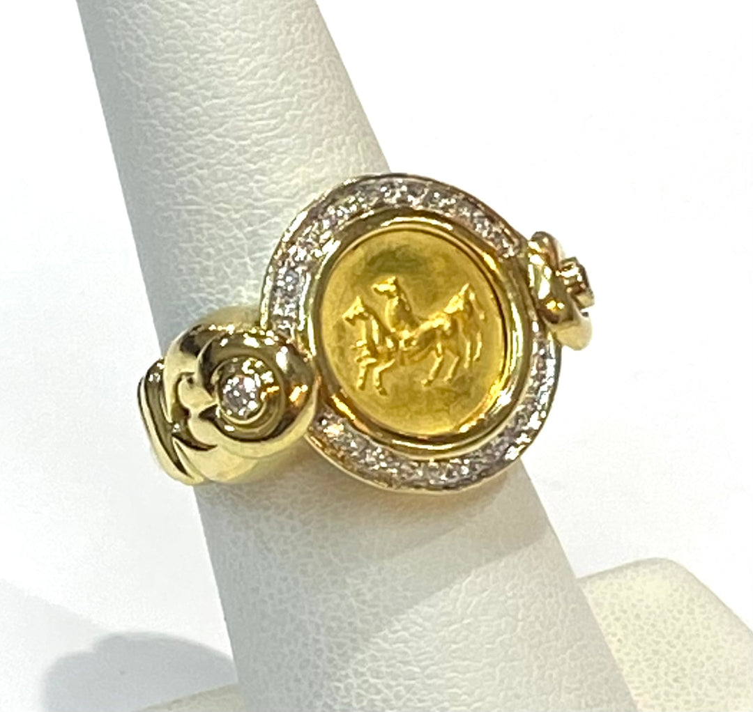 Petros & Takis Greek Diamond 24K & 18K Yellow Gold Horse Design Ring