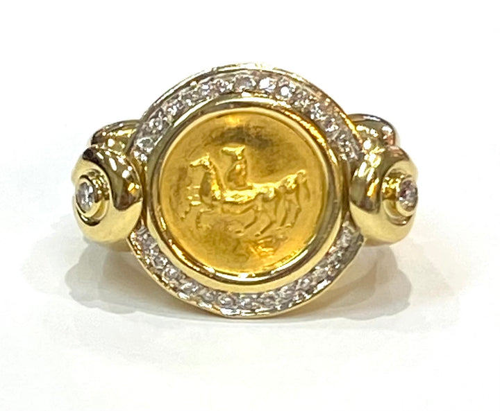 Petros & Takis Greek Diamond 24K & 18K Yellow Gold Horse Design Ring