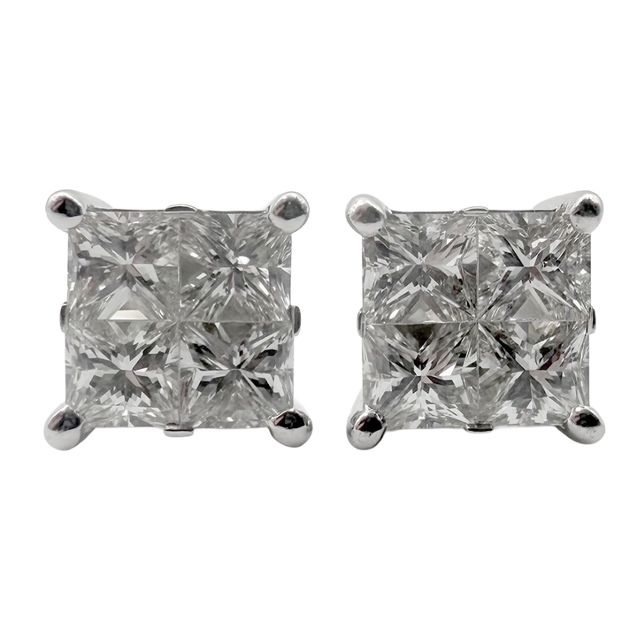 Princess Cut Diamond Cluster 14K WG Stud Earrings