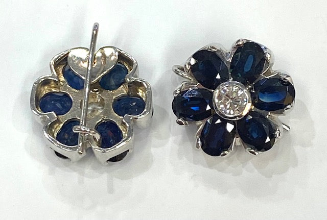 Diamond Sapphire 14K White Gold Floral Design Earrings