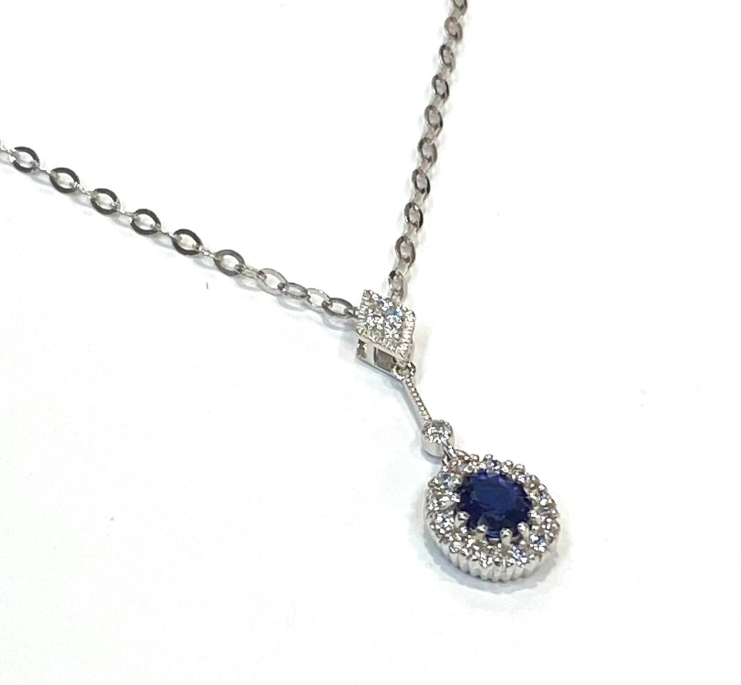 Sapphire Diamond 18K White Gold Pendant & Chain