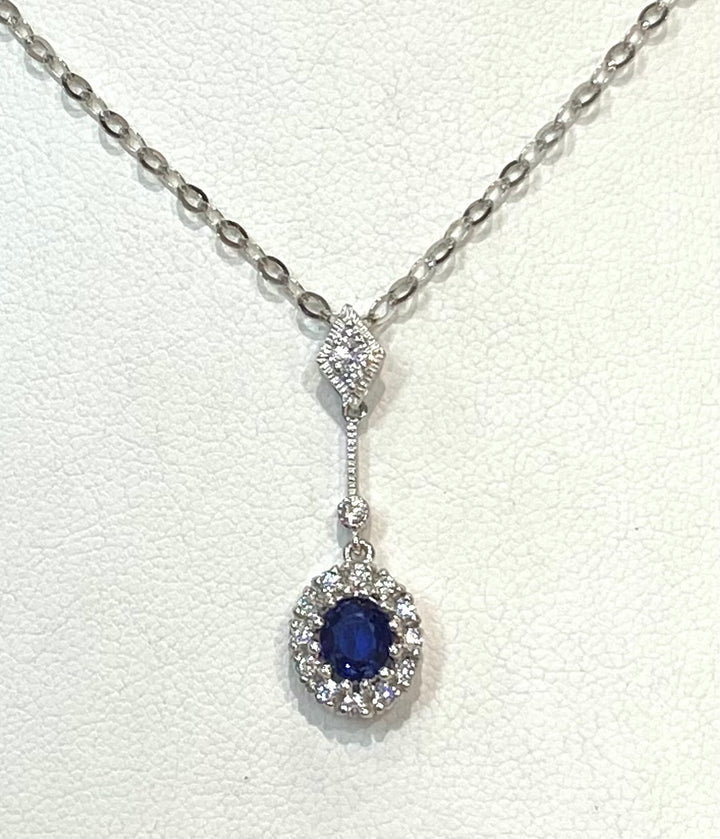 Sapphire Diamond 18K White Gold Pendant & Chain