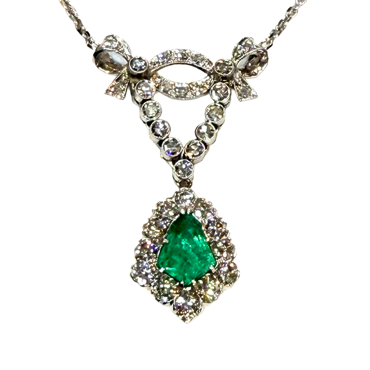 Vintage Emerald Diamond 14K WG Pendant Necklace