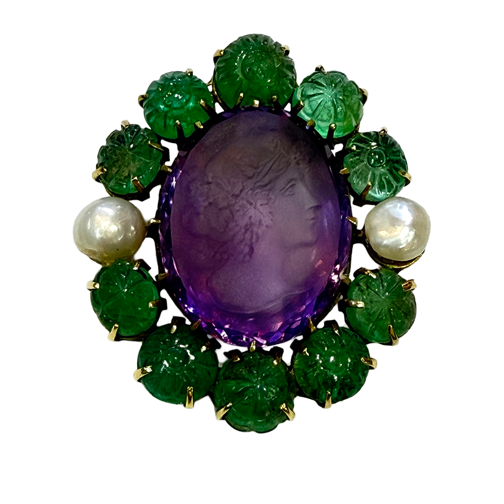 Vintage Amethyst, Emerald, Pearl 14K YG Brooch Pendant