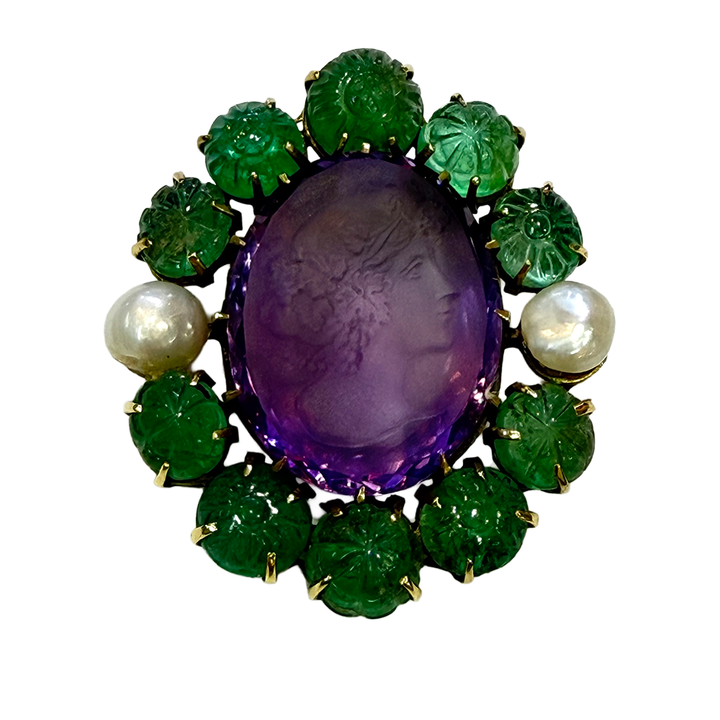 Vintage Amethyst, Emerald, Pearl 14K YG Brooch Pendant