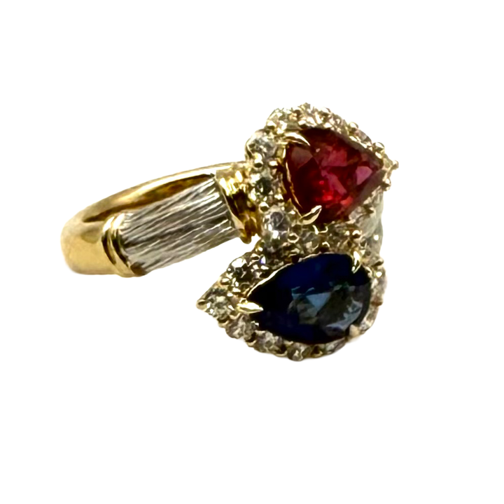 Ruby Sapphire Diamond 18K YG & WG Saddle Design Ring