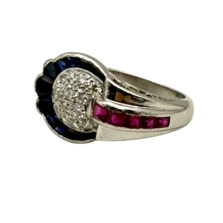 Retro Diamond Ruby Sapphire Platinum Ring