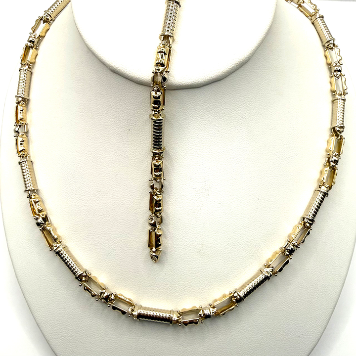 Fancy Link 14K White & Yellow Gold Necklace & Bracelet Suite