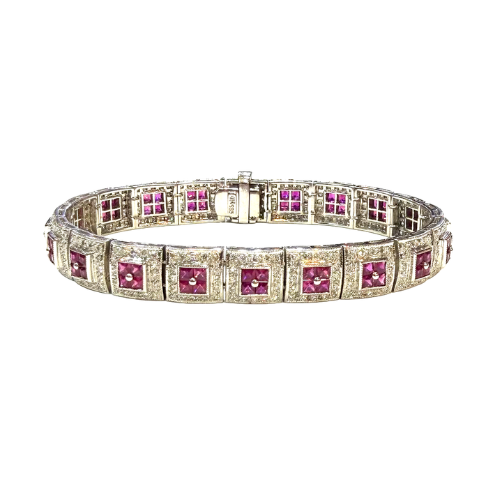 Ruby Diamond 14K White Gold Link Style Bracelet