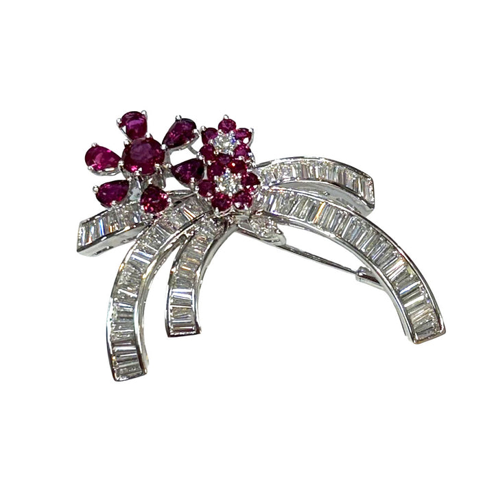 Ruby Diamond 14K WG Floral Design Brooch