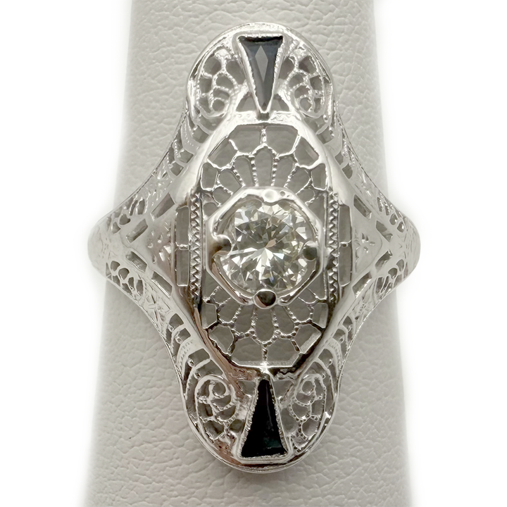Art Deco Diamond Sapphire 18K White Gold Ring
