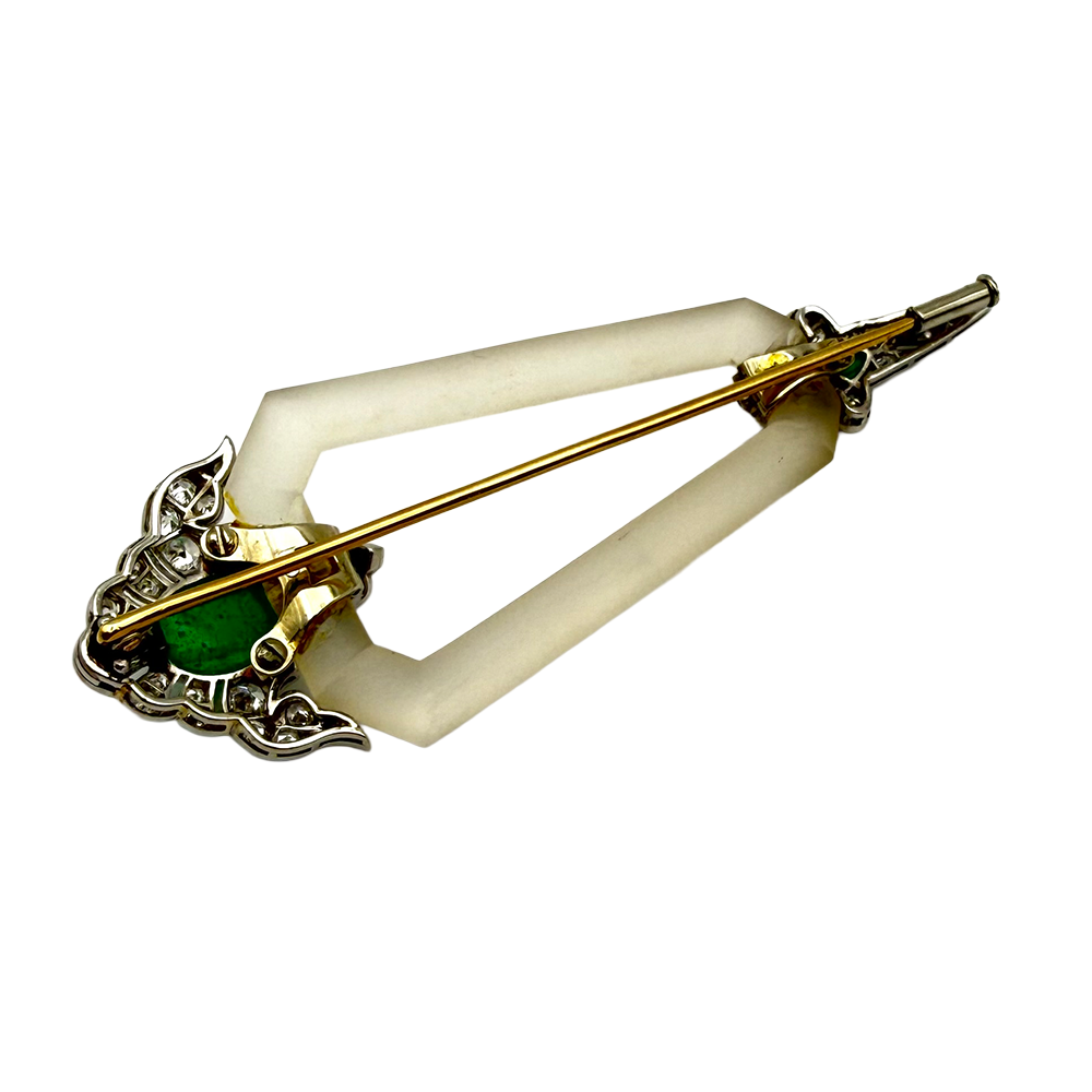 Art Deco Emerald Onyx Diamond Crystal Platinum Brooch