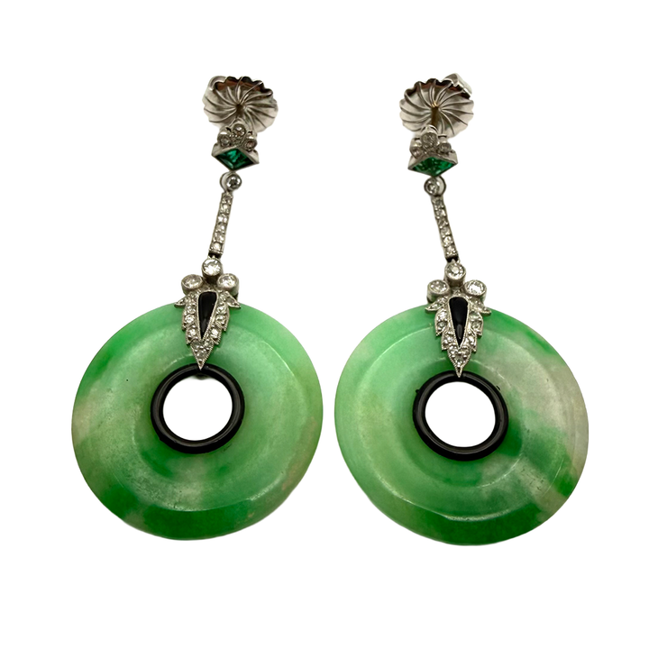 Art Deco Jade Onyx Emerald Diamond Drop Earrings