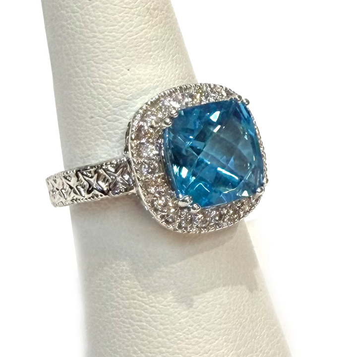 Blue Topaz Diamond 14K WG Ring