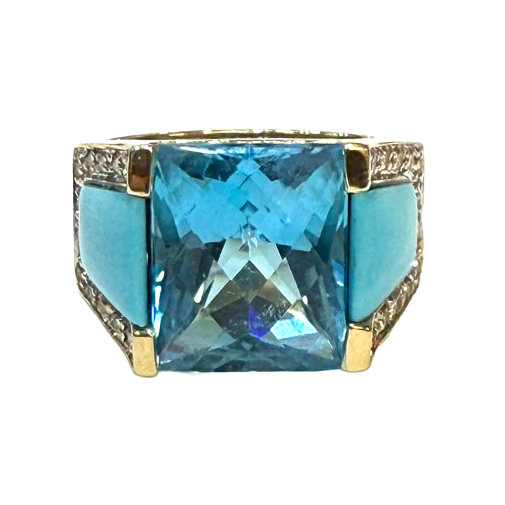 Blue Topaz Turquoise Diamond 14K YG Ring