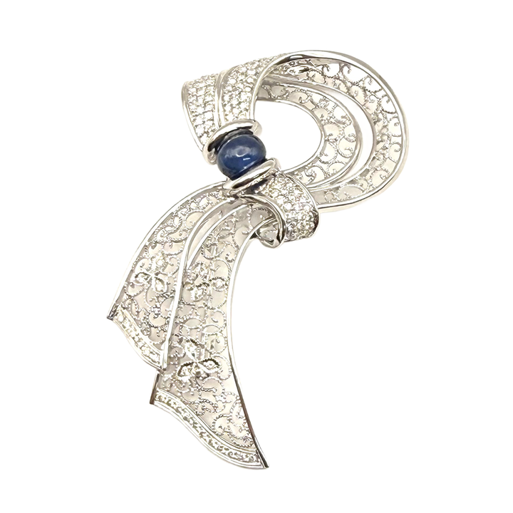 Sapphire Diamond 18K WG Floral Ribbon Brooch