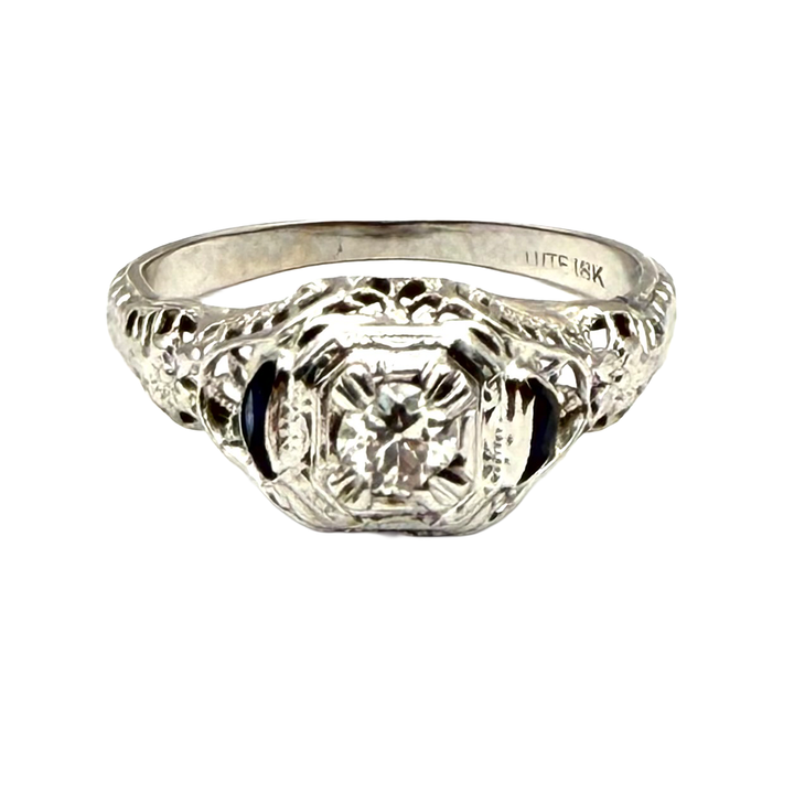 Art Deco Diamond Sapphire 18K White Gold Ring
