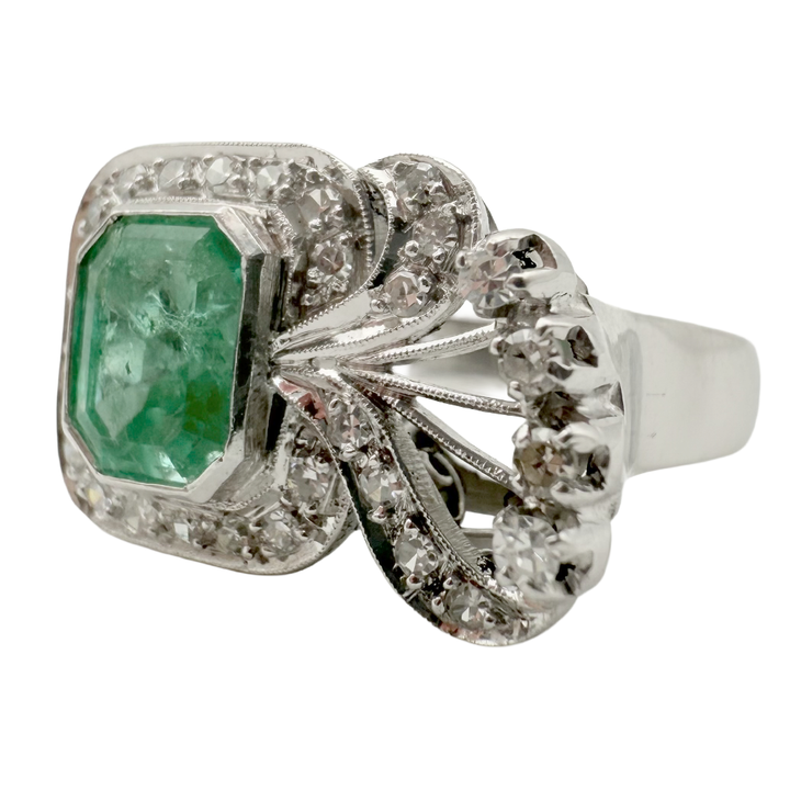 Emerald Diamond 10K White Gold Vintage Ring