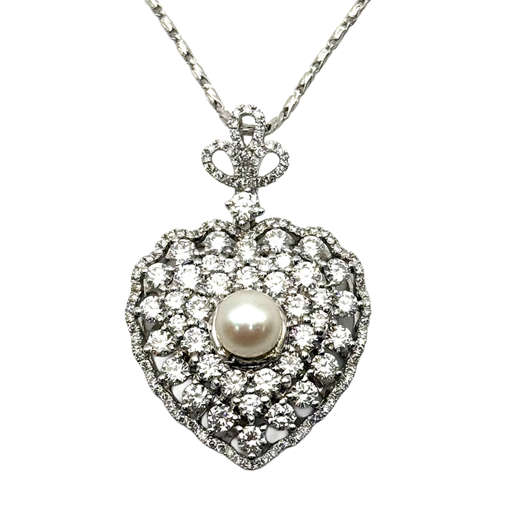 Pearl Diamond 18K WG Heart Shaped Pendant