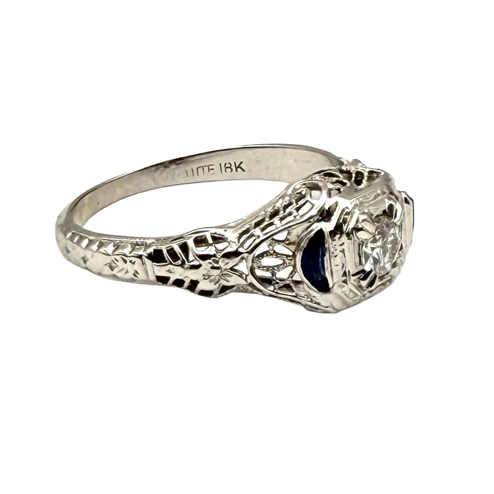 Art Deco Diamond Sapphire 18K White Gold Ring