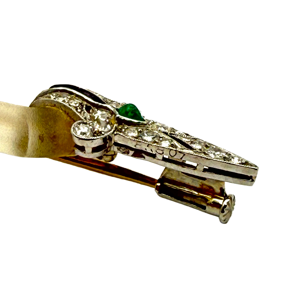 Art Deco Emerald Onyx Diamond Crystal Platinum Brooch