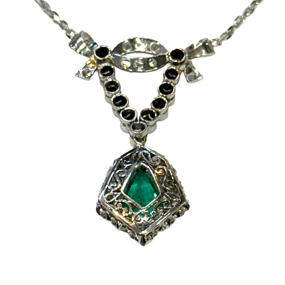 Vintage Emerald Diamond 14K WG Pendant Necklace