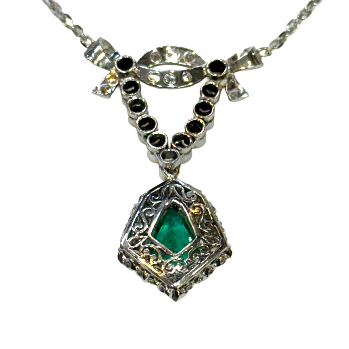 Vintage Emerald Diamond 14K WG Pendant Necklace