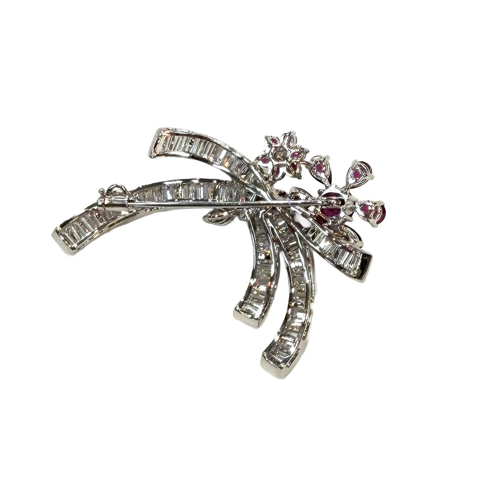Ruby Diamond 14K WG Floral Design Brooch