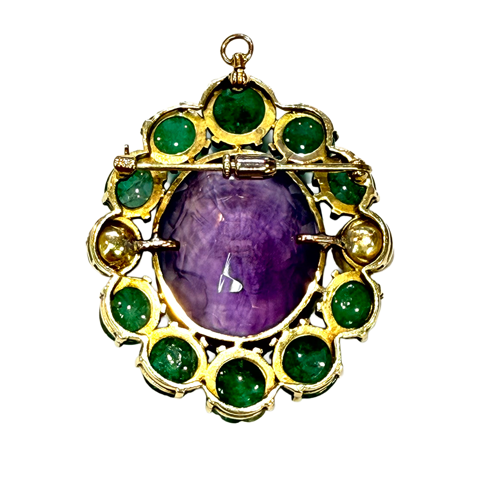 Vintage Amethyst, Emerald, Pearl 14K YG Brooch Pendant