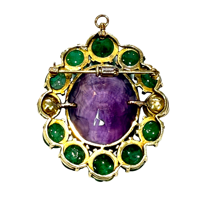 Vintage Amethyst, Emerald, Pearl 14K YG Brooch Pendant