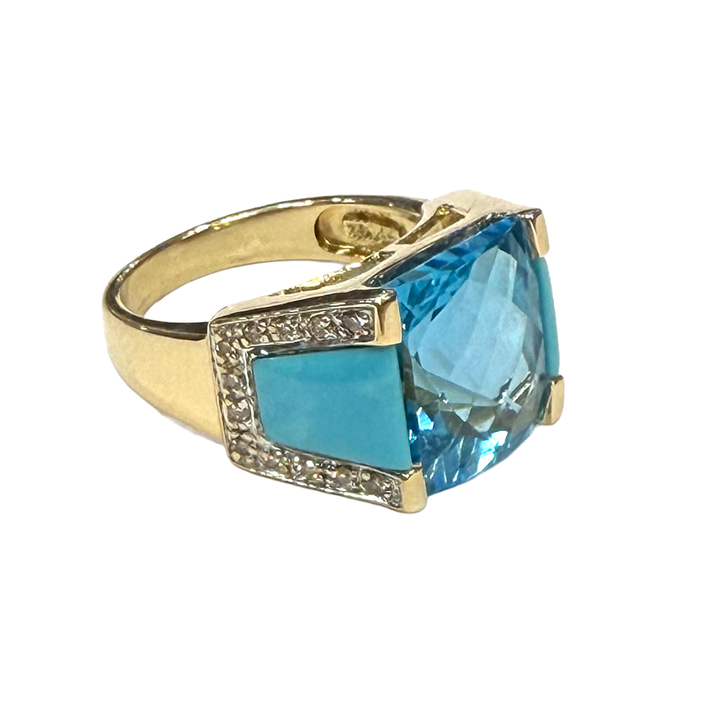 Blue Topaz Turquoise Diamond 14K YG Ring