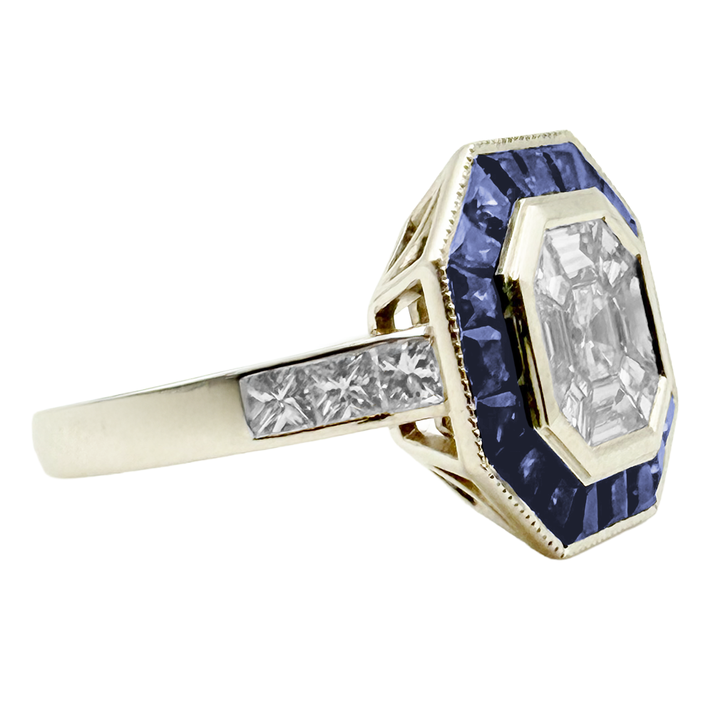 Art Deco Diamond Sapphire 18K WG Design Ring